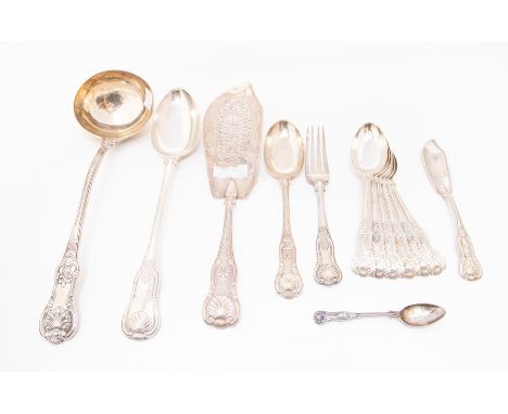 A quantity of King's &amp; Queen's pattern flatware including: fish slice, serving spoon, soup ladle, set of 6 dessert spoons