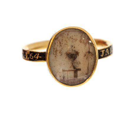 A George III yellow gold mourning ring, oval glazed head to a panel of ivory painted in monochrome with an urn and plinth, th