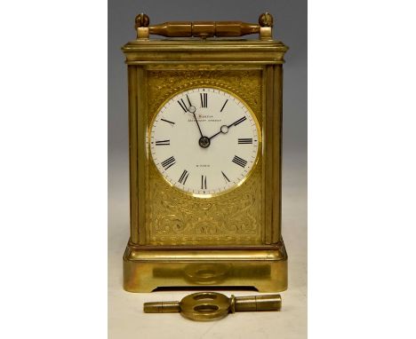 A late 19th Century repeating carriage clock, brass corniche case, visible escapement, white enamel dial with Roman numerals 