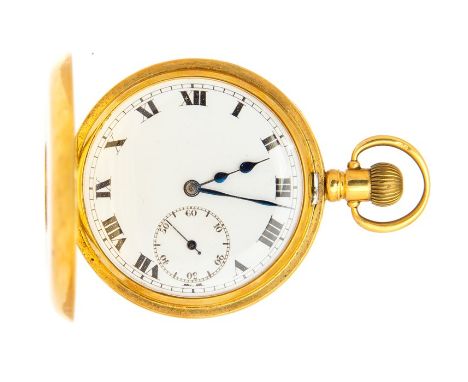An 18ct gold half hunter top wind pocket watch, 4.5cm white enamel dial with Roman numerals, the casework Chester 1924, appro