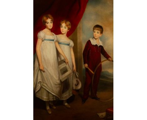 James Colman (British, 20th Century), portrait of three children, one with a hoop, signed l.l., oil on canvas, 76 by 61cm, gi