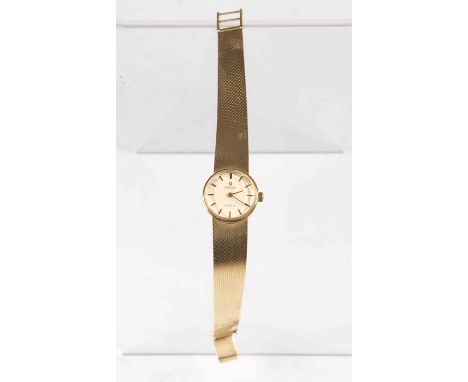 Omega, a circa 1960's lady's 18ct gold Omega wristwatch, 1.5cm circular dial with baton numerals, branded crown, integral 18c