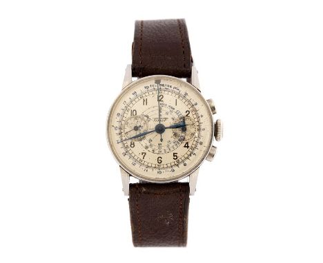 Tissot, a circa 1940's steel Tissot chronograph wristwatch, 3cm circular silvered dial with two subsidiary dials, leather str