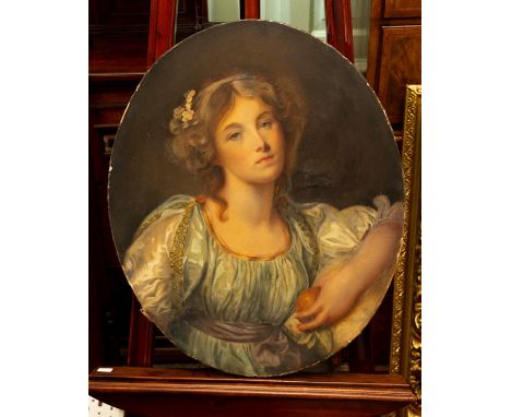 British School, late 18th Century, portrait of a young lady, bust length holding an apple, watercolour and pastel, oval, 65 b