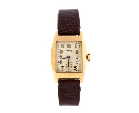 Vertex, a circa 1930's Art Deco Vertex 9ct gold wristwatch, 2.5cm rectangular champagne dial with seconds subsidiary dial, le