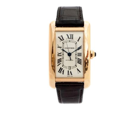 Cartier, an 18ct rose gold Cartier Tank Americaine curved automatic wristwatch, 3cm rectangular guilloche dial with Roman num