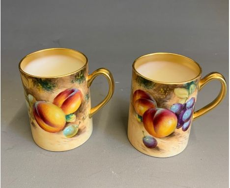 Two Royal Worcester tall tapered coffee cans, painted with fruit, signed Roberts, 20th Century, black mark England, 7cm high 