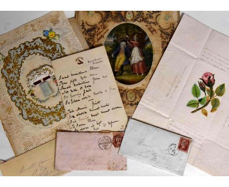 Collection of Valentine cards, comprising: a late-18th century paper lace card with hand-coloured stipple-engraved design to 