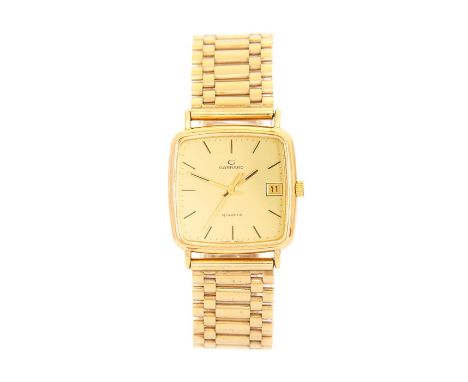 Garrard, a boxed vintage gents Garrard wristwatch, square dial with baton numerals and date aperture at 3 o'clock, on a 9ct b