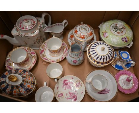 A mixed selection of Regency and later porcelain and china including New Hall, Derby, Grainger's Worcester etc (box)