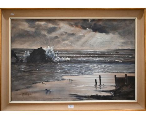 Mark W Pike - River at sunset, oil on board, signed, 39 x 29 cm (oval) to/w Seascape, oil on canvas, signed, 59 x 90 cm (2)