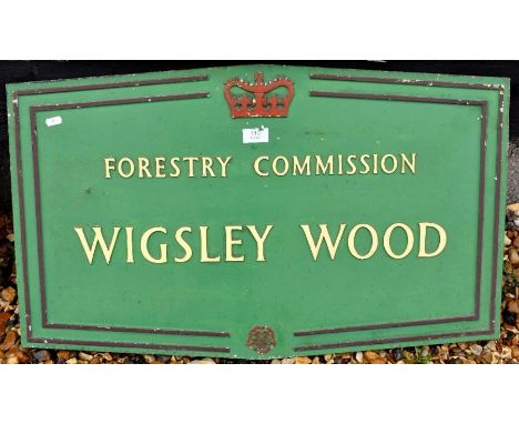 A vintage reclaimed Forestry Commission sign, painted cast aluminium with raised lettering 'WIGSLEY WOOD' circa 1950, manufac