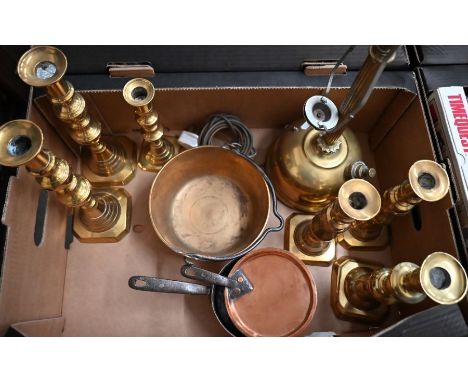 Two pairs of Victorian brass baluster candlesticks and two similar single sticks to/w a Tilley lamp (converted to electricity