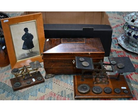 Regency rosewood sarcophagus tea caddy, to/w an ink and wash silhouette of a young boy and two sets of postage scales