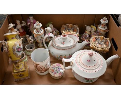 A selection of European china, including German figural candlesticks, sepia painted glass mug, New Hall tea ports, Derby pot 
