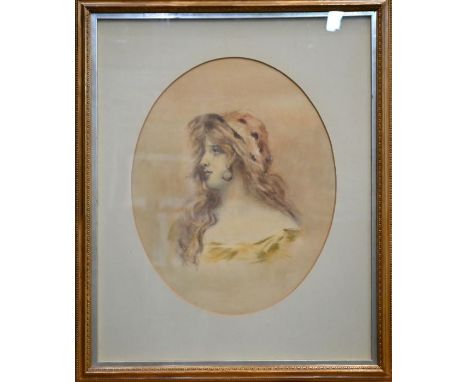 A 19th century oval portrait of a young maiden, 42 x 33 cm to/w two narrative prints (3)