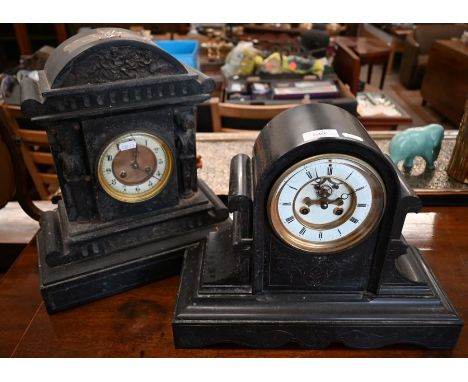 Two late 19th/early 20th century architectural slate mantel clocks with eight-day drum movements, 38 and 30 cm high (2)