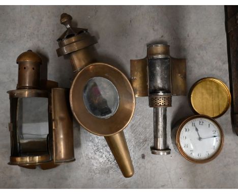 A 19th century French drum clock movement with platform escapement to/w a brass coach lamp and two part lamps (one probably f