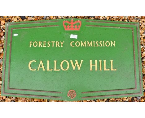A vintage reclaimed Forestry Commission sign, painted cast aluminium with raised lettering 'CALLOW HILL' circa 1950, manufact
