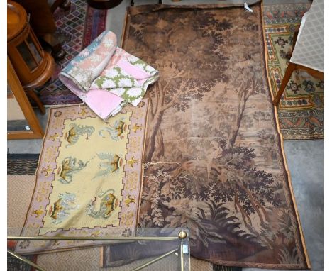 A vintage double patchwork bed cover/Kantha to/w a machine-stitched panel and a&nbsp;tapestry rug with woodland scene (3)