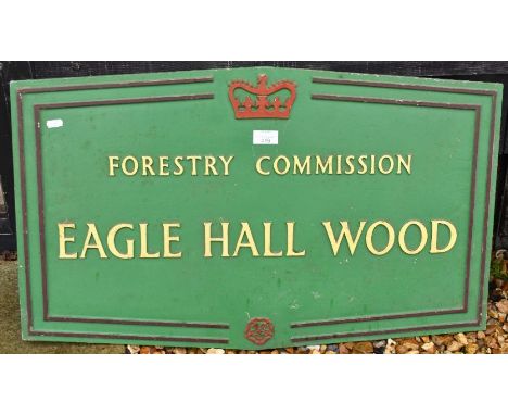 A vintage reclaimed Forestry Commission sign, painted cast aluminium with raised lettering 'EAGLE HALL WOOD' circa 1950, manu