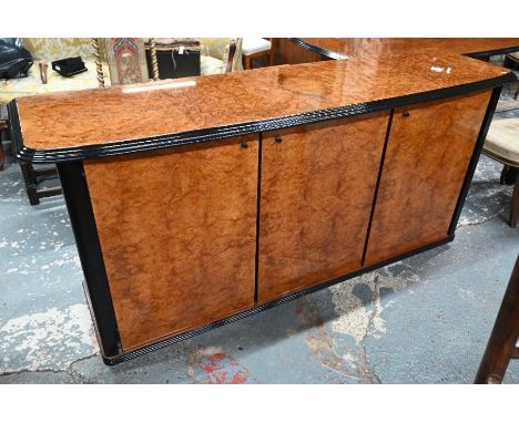 A good quality Art Deco style burr walnut dining part suite, comprising a dining table 192 cm x 106 cm x 76 cm h and a three 