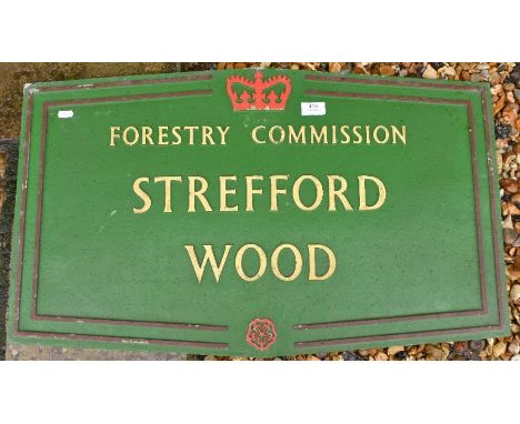 A vintage reclaimed Forestry Commission sign, painted cast aluminium with raised lettering 'STREFFORD WOOD' circa 1950, manuf