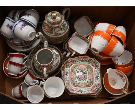 A Cantonese china famille-rose style tea service with octagonal cups and saucers to/w various other tea/coffee wares (box)