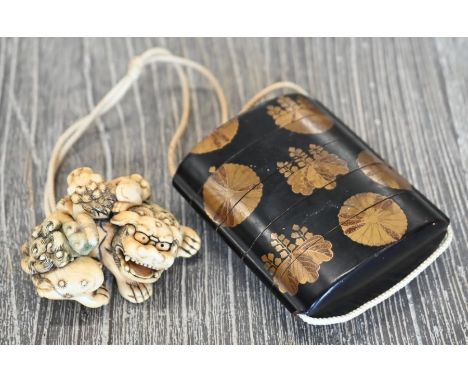 A 19th century Japanese black lacquered five section inro with gilded (maki-e) chrysanthemum decoration, 7.5 cm x 6.5 and cho