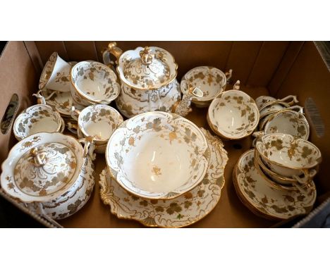 A Victorian china tea/coffee service, the tea-pot and sucrier with crown finials decorated overall with grape-vines (37 piece