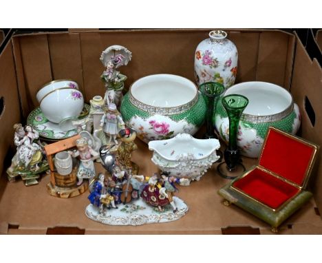 Two Dresden style floral-printed cache-pots to/w a similarly decorated vase, pair of Noritake cabinet cups and saucers, figur