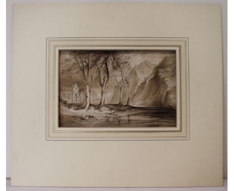 W. R. Randall (of Slough).River landscape.Sepia wash.Signed with initials.6½" x 10".