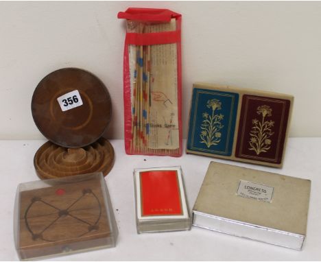 Three packs of playing cards, "Pick up sticks" and two wooden games. (6).