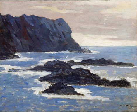 Paul Henry RHA (1877-1958) Menawn Cliffs and Dooega Head, Achill, and West of Ireland Landscape with Trees  Oil on panel, Dou