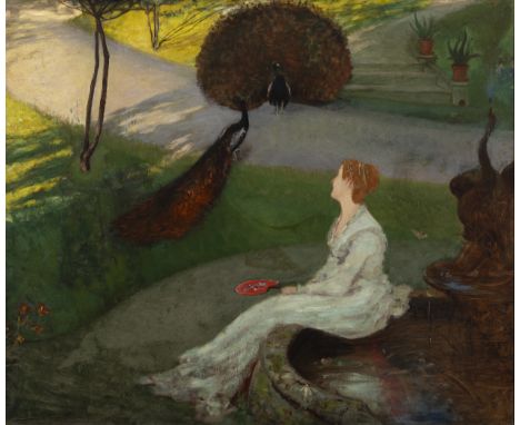 William John Hennessy ROI (1839-1917) A Woman in White with Peacocks by a Fountain: (Baroness Methuen (née Eleanor Norah Henn