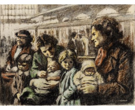 William Conor RUA RHA (1881 - 1968) A Family Group in a Railway Station  Wax crayon on paper, 37 x 47cm (14½ x 18½") SignedPr