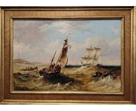 Samuel Calvert (1828-1913) Off Ramsay, Isle of Man, fishing boats in rough coastal waters, signed lower left, oil on canvas, 