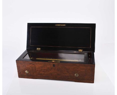 A walnut cased music box, late 19th centuryThe case with ebony stringing, the unsigned movement playing multiple airs.47cm wi