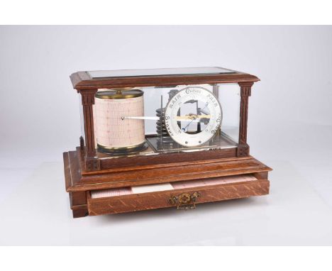An early 20th Century oak-cased combination barograph and barometerBearing ivorine plaque reading 'Short &amp; Mason, London'