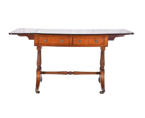 A George III inlaid satinwood sofa tableThe rosewood banded rectangular top with reeded edge, having two frieze drawers openi