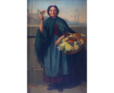 HENRY DARVALL (ENGLISH, FL. 1848-89)A flower seller on the Thames Embankment. The Tower of London beyondOil on panelSigned wi
