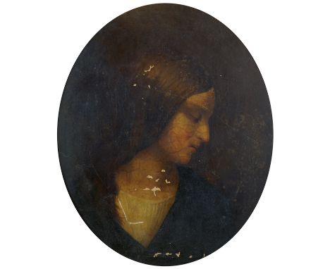 ENGLISH SCHOOL, MID NINETEENTH-CENTURYA Pre-Raphaelite portrait of a young girlOil on canvas (oval)Enclosed in original gilt 