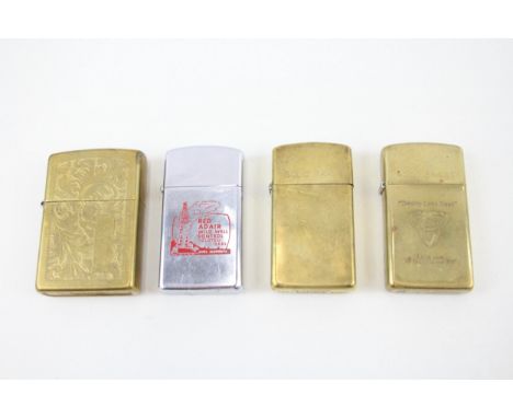 4 x Vintage Zippo Lighters inc. Solid Brass, Texas, Engraved 