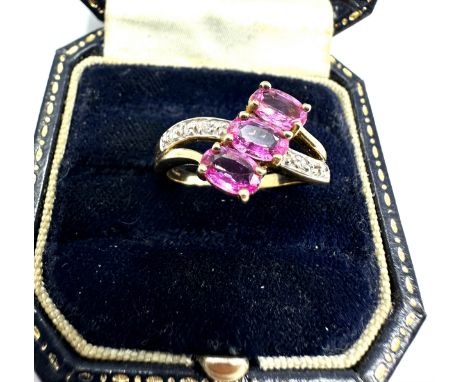 9ct gold pink sapphire &amp; diamond ring weight 3.5g 