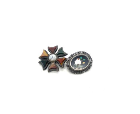Two silver antique brooches set with gemstones including Pietra Dura (15g) 