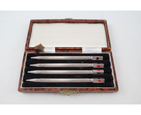 4 x vintage .925 sterling cribbage pencils w/ enamel, case 