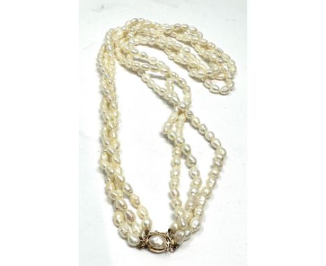 gold &amp; pearl clasp 3 row fresh water pearl necklace 