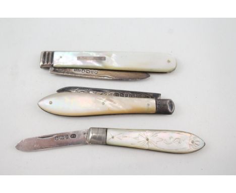 3 x .925 sterling silver fruit knives w/ mop handled 