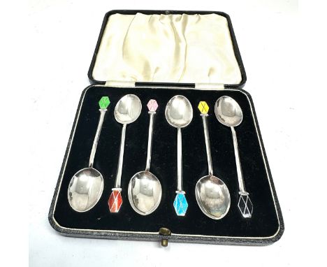 Boxed set of silver &amp; enamel tea spoons birmingham silver hallmarks in good condition 