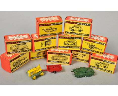 A collection of eleven Mighty Midget Qualitoy series, including electric milk trolley 7, Ben Bros 3AA motorcycle, station wag
